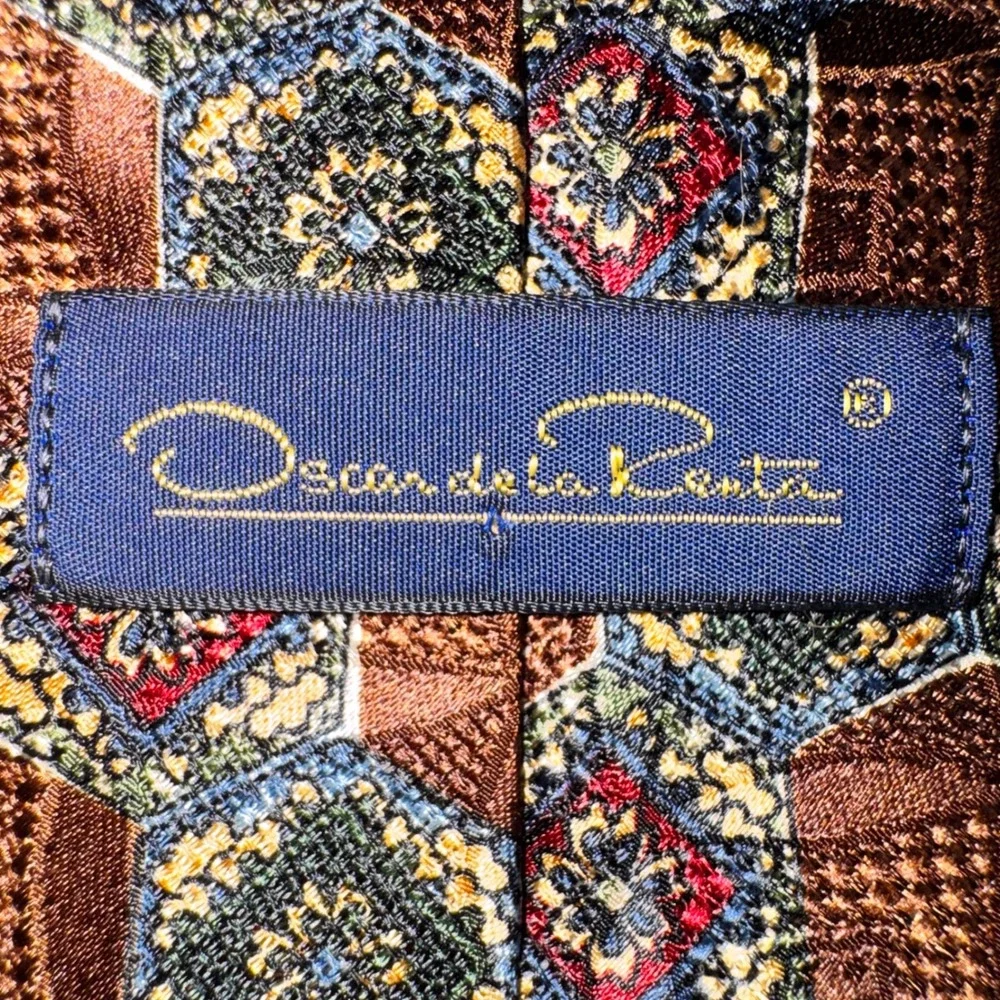 Oscar de la Renta Mens Silk Tie Brown Green Geometric Honeycomb Medallion USA